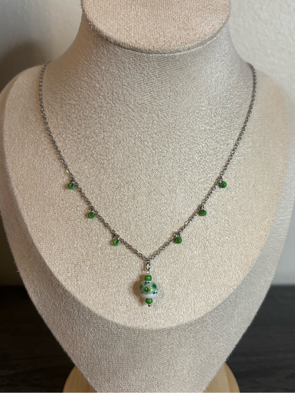 Handmade Green Floral Porcelain Charm Necklace | Waterproof & Tarnish Resistant